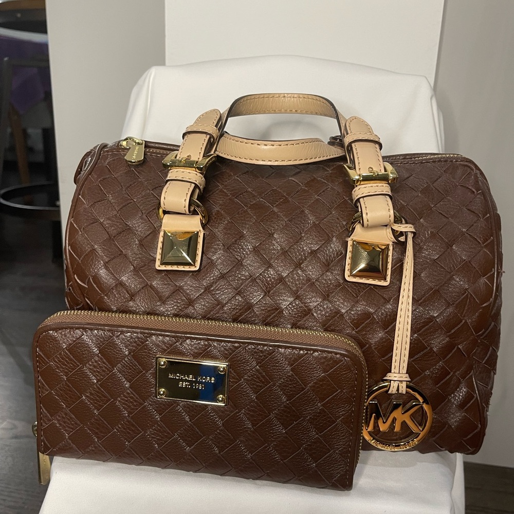 Authentic Michael Kors Grayson Brown Woven Leather Satchel With Matching Wallet